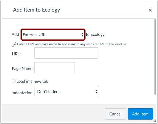 A dialog box titled Add Item to Ecology with External URL selected in the dropdown menu