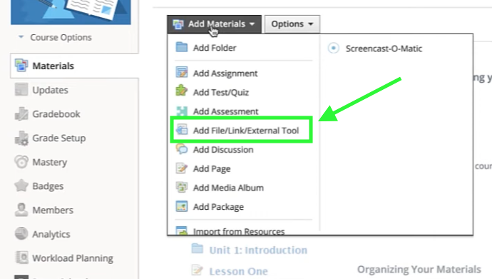 A screenshot of an Add Materials dropdown menu with Add File/Link/External Tool highlighted