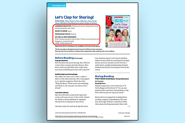 A lesson plan titled Let's Clap for Sharing with sections for before and during reading